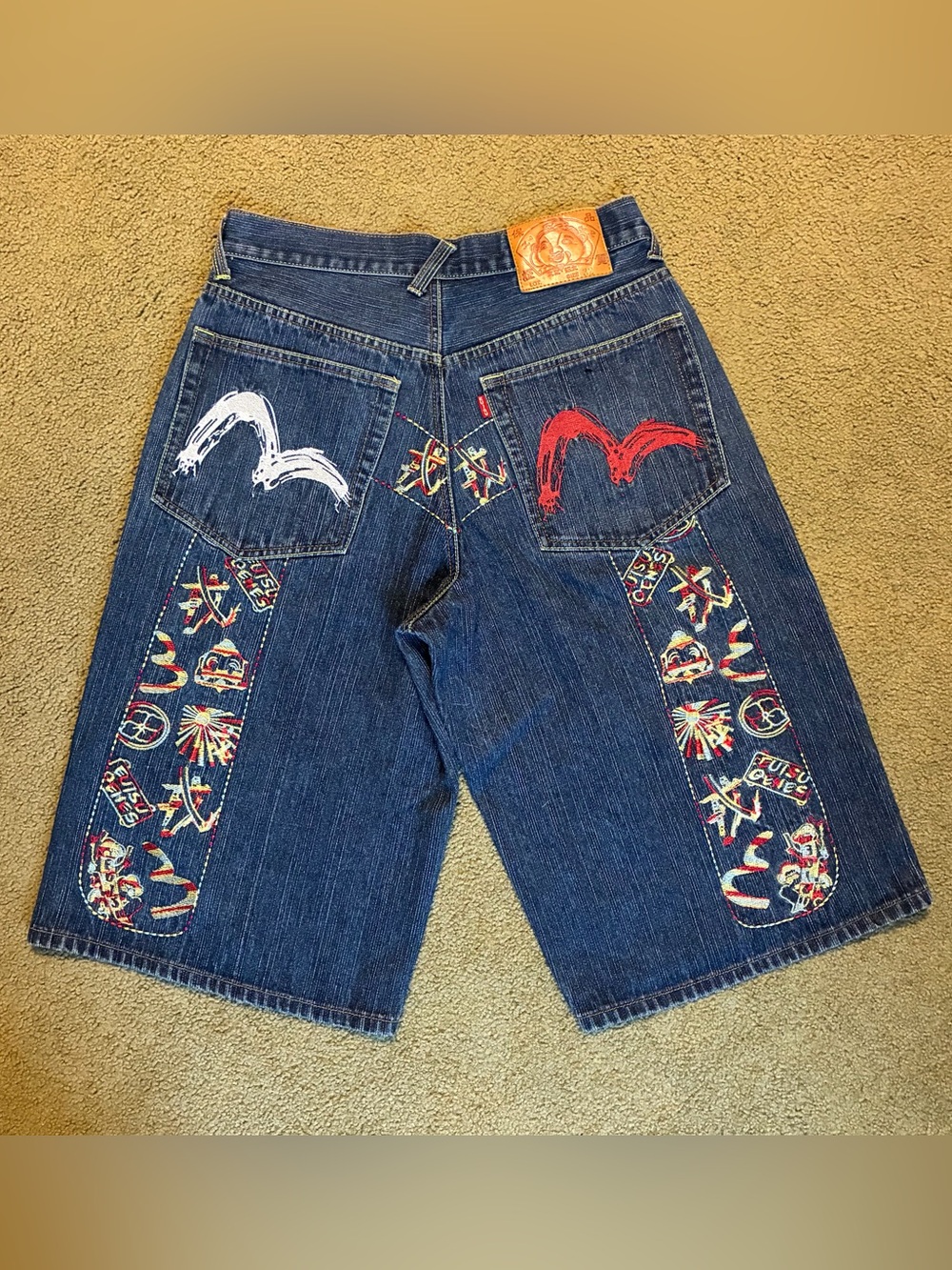 VTG Evisu Denim Shorts Blue Embroidered Men’s 32 Baggy Y2K Hip Hop Skater Grunge